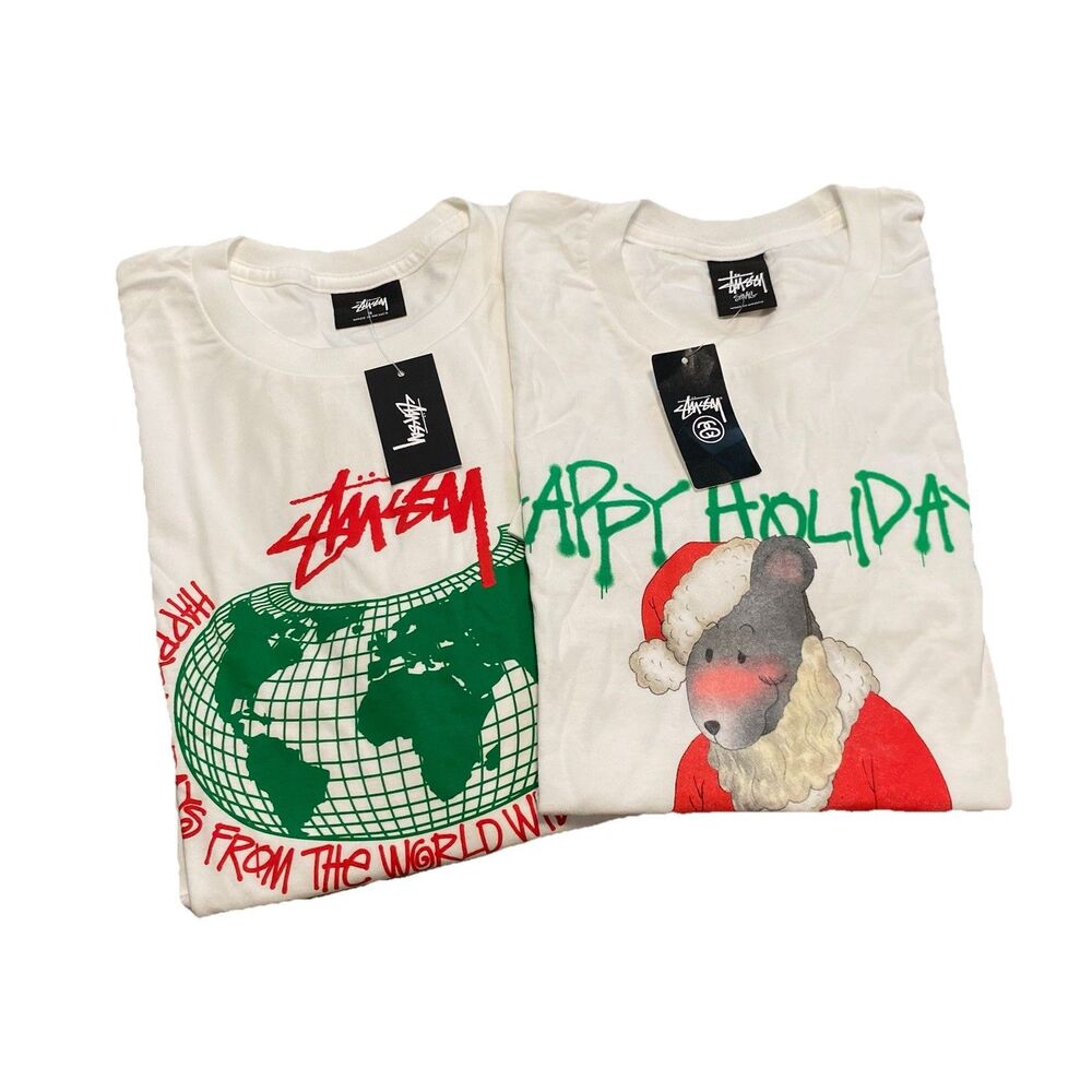Lot Of 2 NEW Stussy Happy Holidays Tee Shirts Rat World Globe Santa NWT W/Tags S